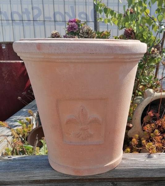 NEU !! Schöner robuster Blumentopf mit Ornament / Lilie / Relief ø ca. 29 cm aus roten Terracotta, Pflanzgefäß Terrakotta Übertopf Deko Garten