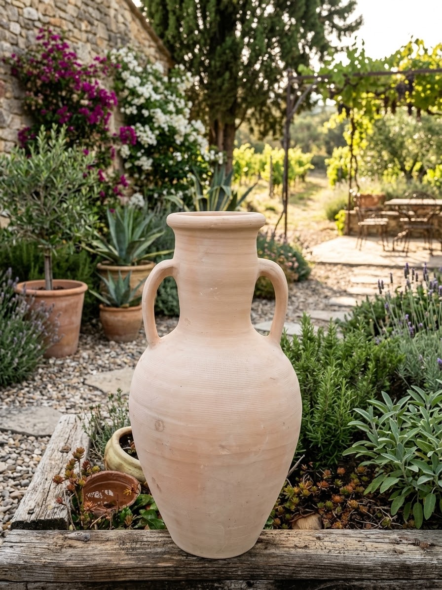Rustikal handgefertigte Amphore 50 cm hoch mit 2 Henkel aus leicht rötlichen Terracotta / Terrakotta Krug Vase