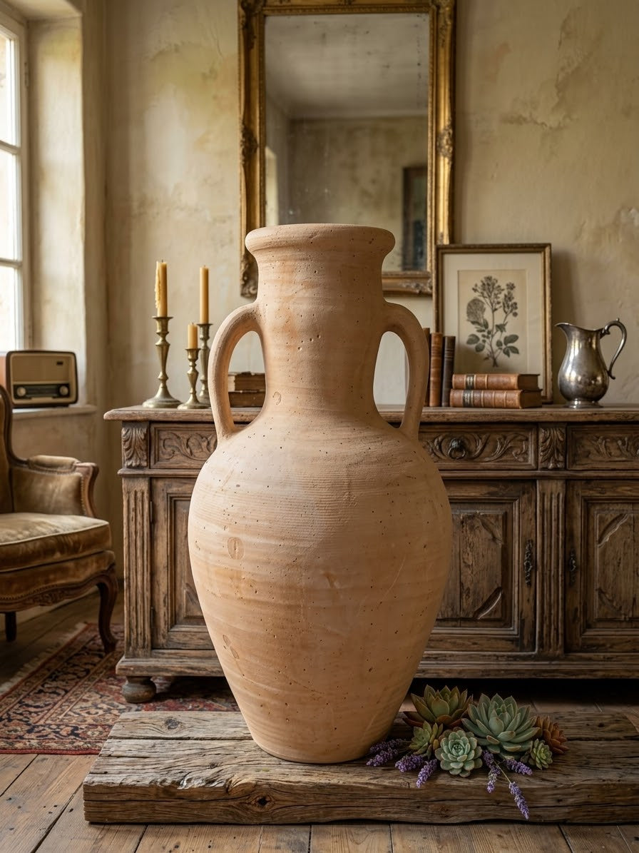 Rustikal handgefertigte Amphore 50 cm hoch mit 2 Henkel aus leicht rötlichen Terracotta / Terrakotta Krug Vase