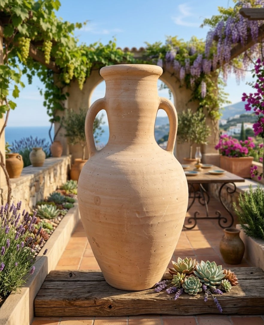 Rustikal handgefertigte Amphore 50 cm hoch mit 2 Henkel aus leicht rötlichen Terracotta / Terrakotta Krug Vase