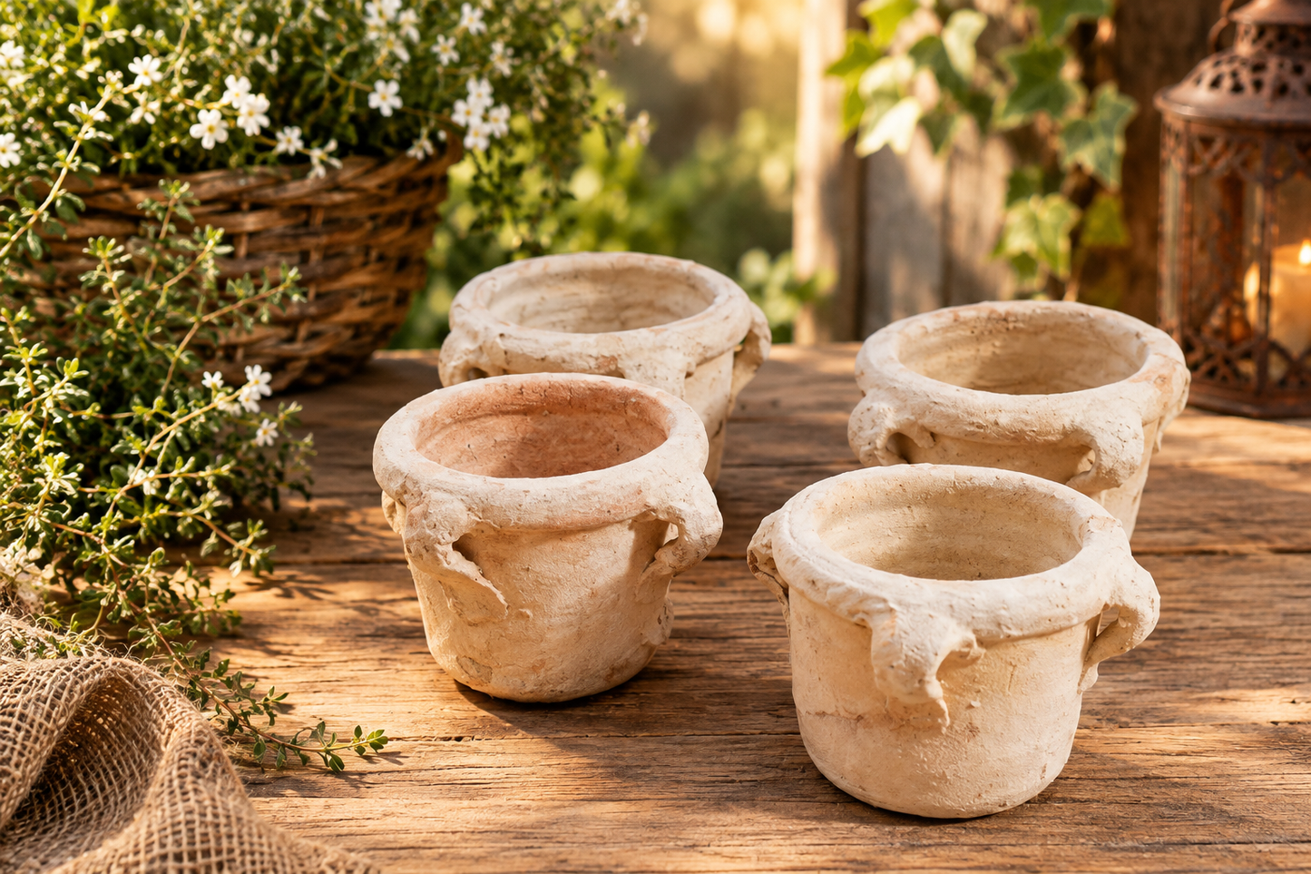 4er Set Kleine rustikale kleine Pflanztöpfe je ca. 12 cm Außendurchmesser aus Terracotta, Terrakotta Pflanztopf, Übertopf , Kakteen ,Sukkulenten