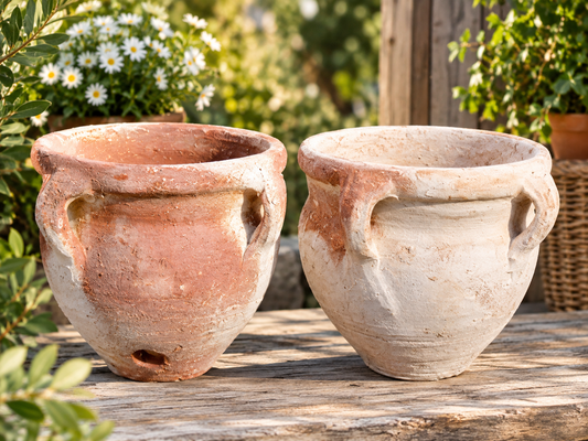 2 rustikale handgetöpferte Pflanztöpfe ø ca. 20 cm mit 4 Henkel aus Terracotta Terrakotta