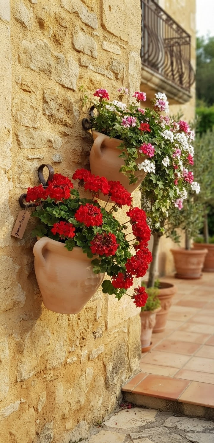 2er Set Wandtöpfe mit Blütendekor je ca. 23 cm breit aus Terracotta Liegeamphore Pflanzgefäß Blumtentopf Wandamphore