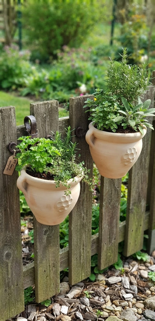 2er Set Wandtöpfe mit Blütendekor je ca. 23 cm breit aus Terracotta Liegeamphore Pflanzgefäß Blumtentopf Wandamphore