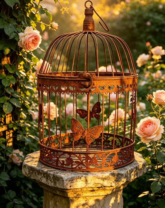 NEU !! Vogelkäfig ca. 37 cm hoch mit Schmetterlingen aus Metall in Rostoptik , Voliere , Käfig