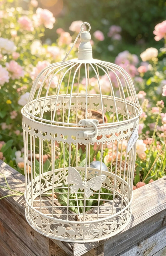 NEU !! Cremefarbener Vogelkäfig ca. 37 cm hoch mit Schmetterlingen aus Metall , Voliere , Käfig