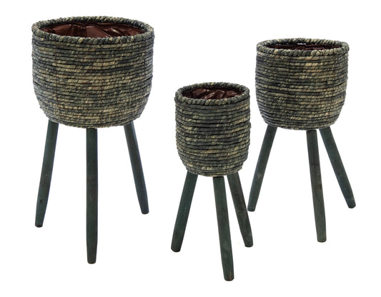 Neu !! 3er Set Pflanzkörbe mit Holzbeinen ca. 60 cm, 56 cm und 46 cm hoch aus Seegras
