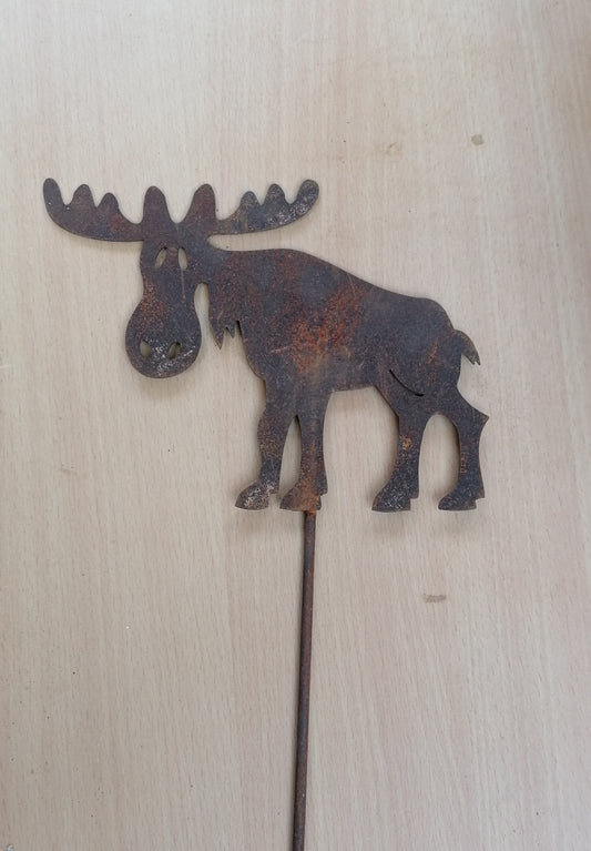 Elch am Stab ca. 47 cm Gesamtlänge aus Metall in Edelrost Weihnachtsschmuck Blumenstecker Garten