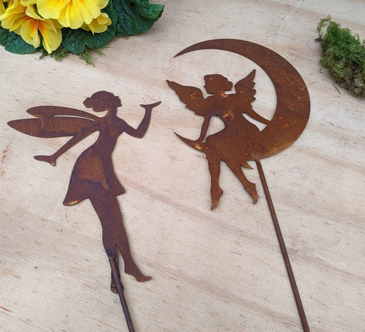 2er Set Feenstecker 63 + 66 cm Gesamtlänge aus Metall in Edelrost Blumenstecker