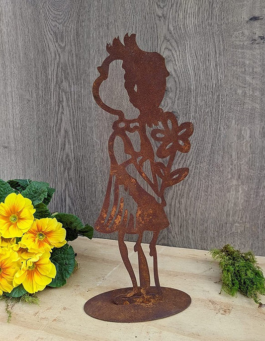 Mädchen stehend mit Blume ca. 35 cm hoch aus Metall in Edelrost Fensterdeko Liebe Muttertag Hochzeit