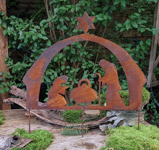 Gartenstecker Krippe 40 cm breit aus Metall in Edelrost Weihnachten Advent Beetstecker Deko Kirche Glaube
