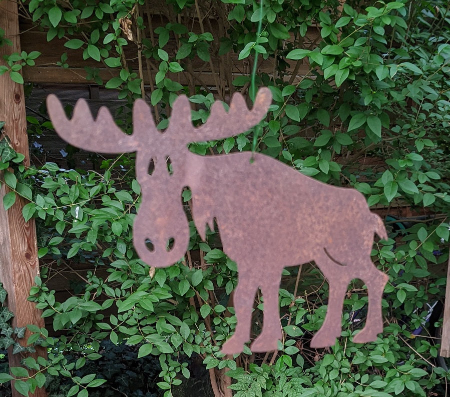 Elch am Stab ca. 47 cm Gesamtlänge aus Metall in Edelrost Weihnachtsschmuck Blumenstecker Garten