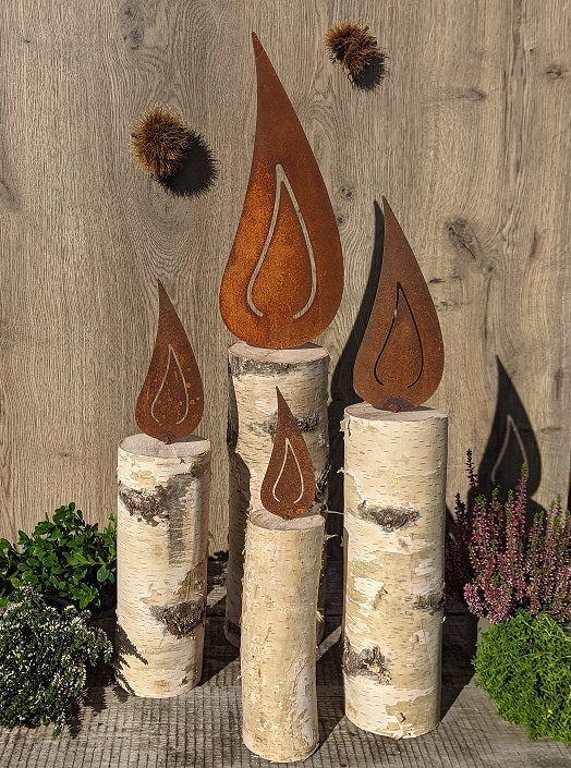 4er Set Kerzen/ Flammen aus Birkenholz mit Metallflamme in Edelrost