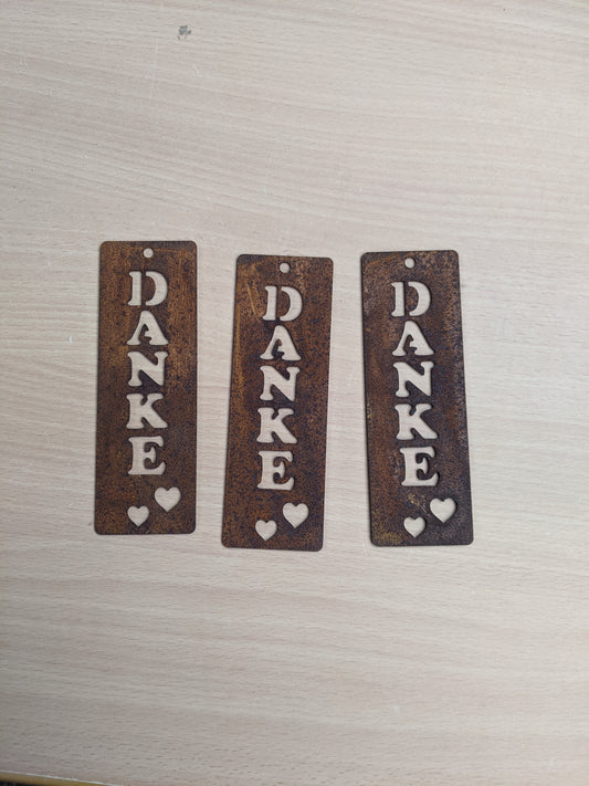 3er Set Anhänger "Danke" 13,5 cm hoch aus Metall in Edelrost Geschenkeanhänger