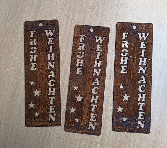 3er Set Geschenkeanhänger "Frohe Weihnachten" 13,5 cm hoch aus Metall in Edelrost Deko