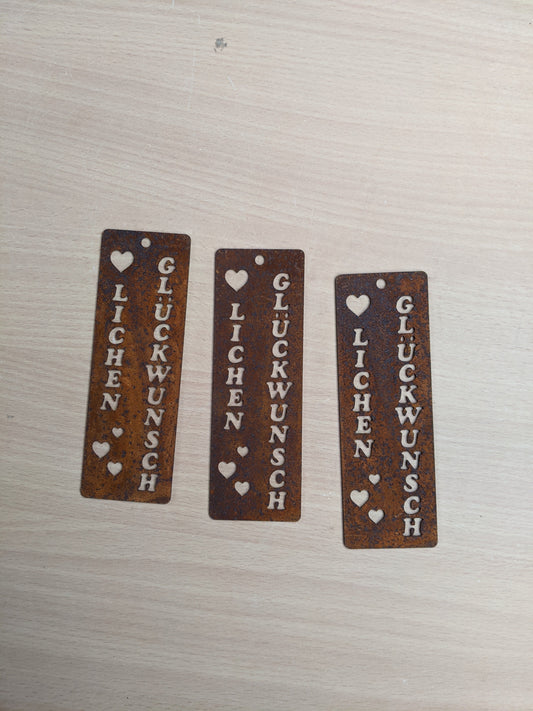 3er Set Geschenkeanhänger "Herzlichen Glückwunsch" je ca. 13,5 cm hoch aus Metall in Edelrost Geburtstag Feier