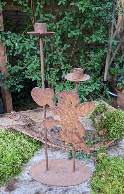 2er Kerzenständer Engel 43+33 cm hoch aus Metall in Edelrost