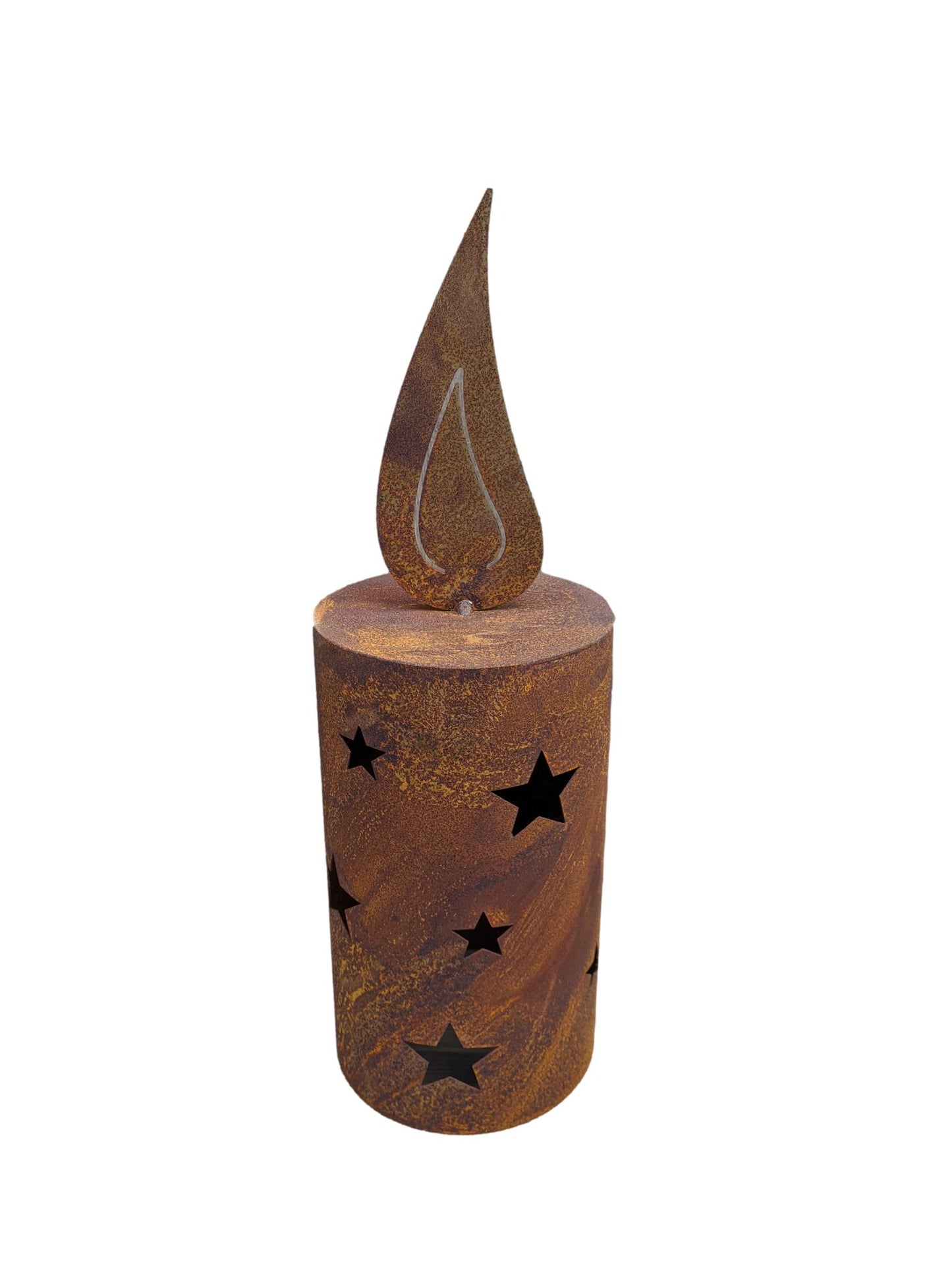 Windlichtkerze mit Sterne 35 cm hoch mit Flamme aus Metall in Edelrost Adventsgesteck Weihnachten Trauer