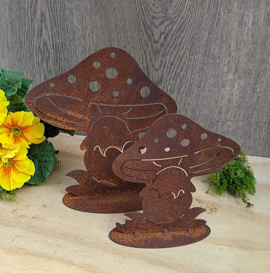 2er Set Pilze 20 cm + 15 cm hoch aus Metall in Edelrost Deko Herbst Winter Wald Figur
