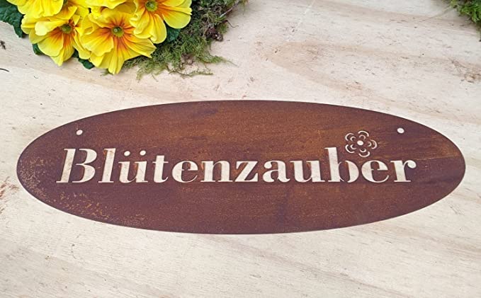 Schild " Blütenzauber " ca. 40 cm breit aus Metall in Edelrost Deko Tafel