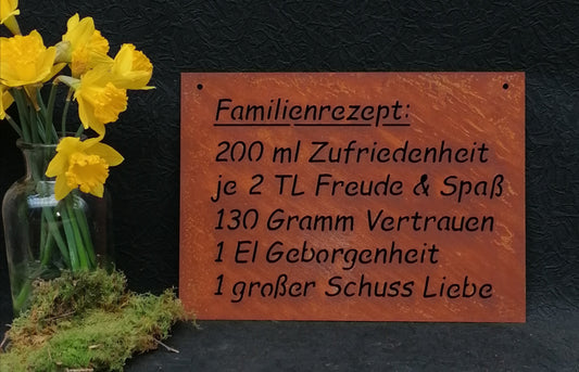 Spruchtafel Familienrezept... 36 cm x 26 cm aus Metall in Edelrost Deko Schild