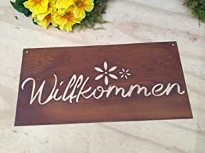 Schild " Willkommen " m. Blüten 40 cm x 20 cm aus Metall in Edelrost Deko Tafel