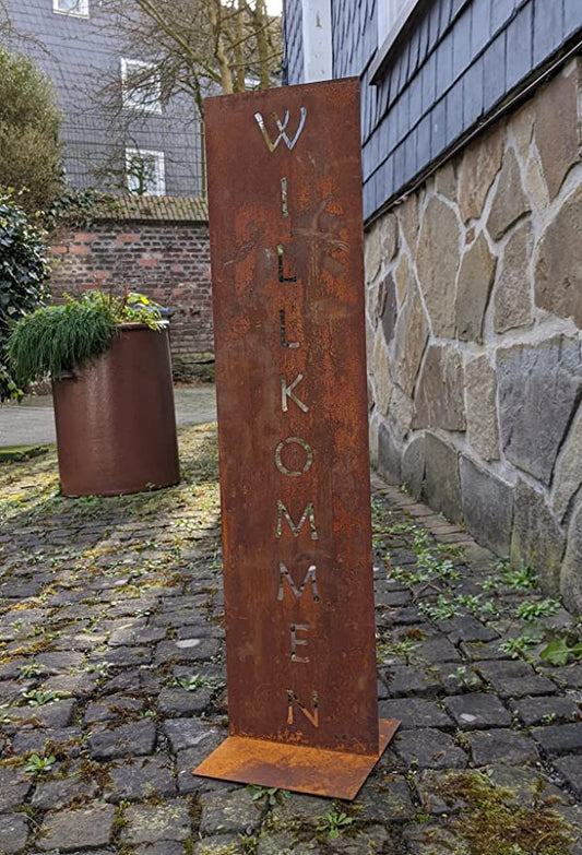 Schild " Willkommen " ca. 80 cm hoch auf Platte aus Metall in Edelrost Deko Tafel