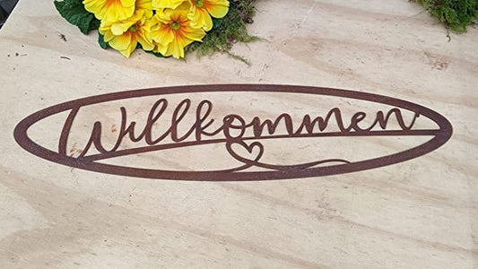Schild " Willkommen " m. Herz ca. 50 cm breit aus Metall in Edelrost Deko Tafel