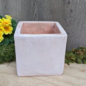Schöner schlichter quadratischer Blumentopf 21 cm x 21 cm aus roten Terracotta, Pflanzgefäß