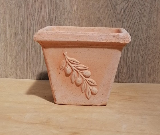 Blumentopf quadratisch ca. 18 cm breit mit Olivendekor aus Terracotta, Pflanztopf
