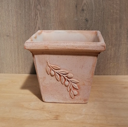 Blumentopf quadratisch ca. 25 cm breit mit Olivendekor aus Terracotta, Pflanztopf
