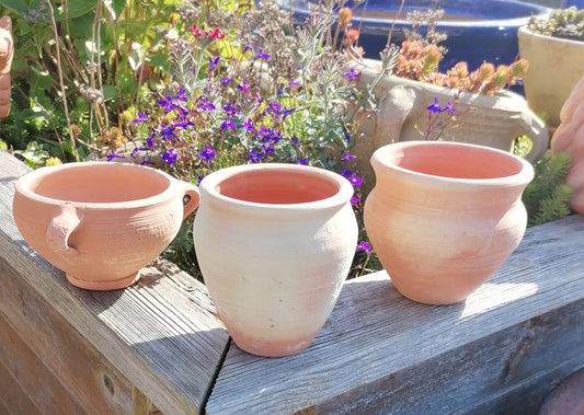 3er Set Kleine rustikale Schalen- Töpfe ca. 11+10 +8 cm Außendurchmesser aus Terracotta, Pflanzgefäß, Übertopf, Kakteentopf...